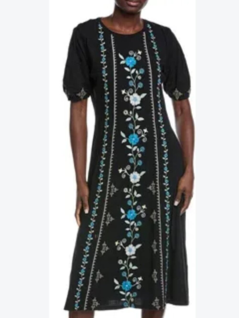 Johnny Was NWT Jaanvi Bubble Sleeve Maxi Dress Black Blue Embroidery size small